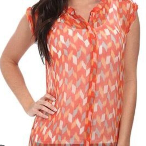 Lucky Brand Tops - Lucky Brand Women's Abstract Orange Sheer Button Down Top with cap sleeve |Small